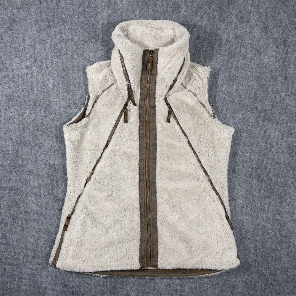 KUHL Flight Fleece Vest Women Large Oatmeal Beige Full Zip Stowaway Hood